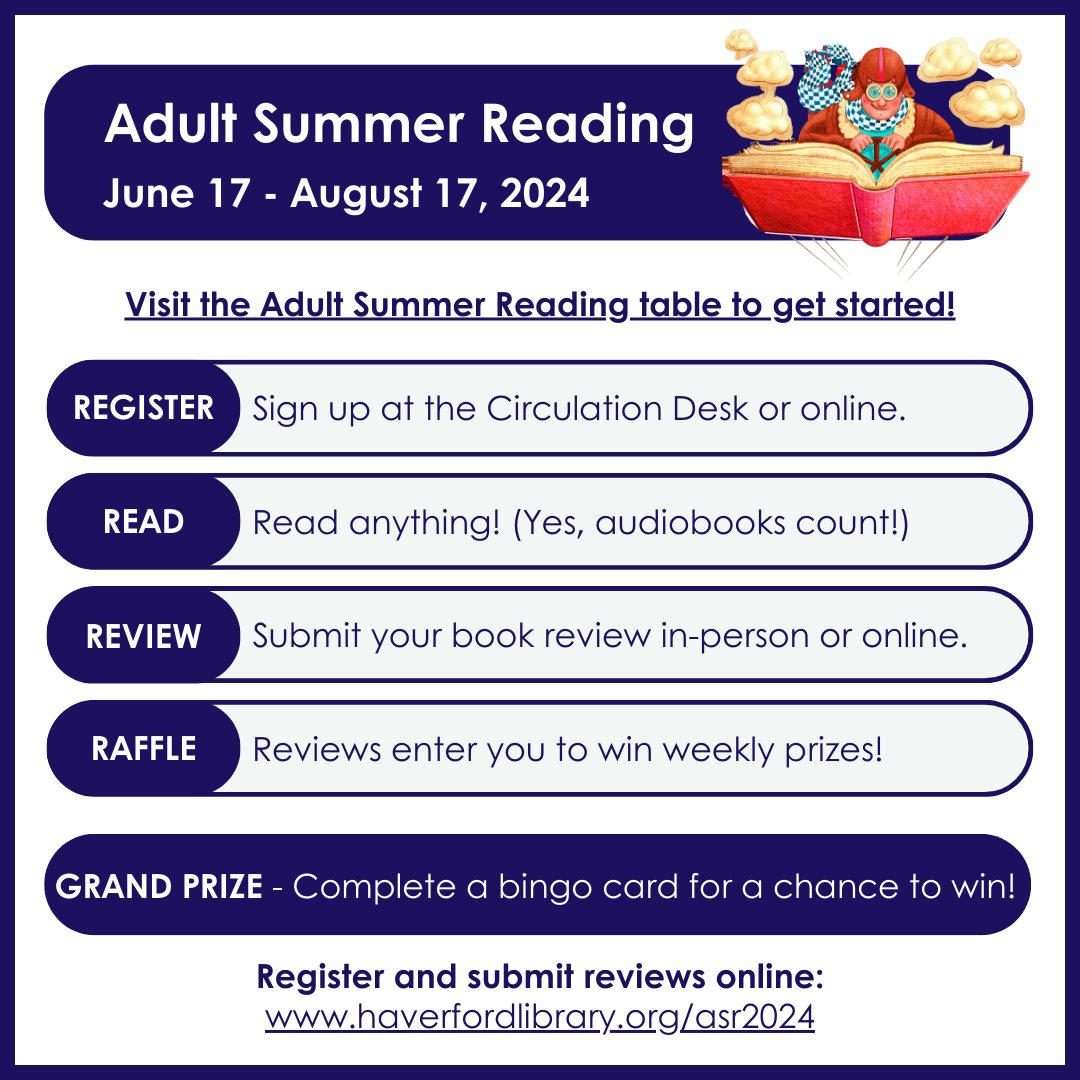 🌞📚 The adventure begins! 📖✨ Join us 6/17-8/17 for our Summer Reading Challenge for children, teens, and adults. Read more, win prizes, and support your library! Are you ready for the challenge? 💪🏆#htfl #myhtfl #haverfordlibrary #delcolibraries #haverfordpa #summerreading