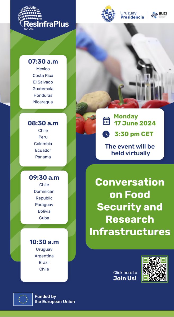 EU-LAC ResInfra Plus (@resinfraeulac) on Twitter photo 📢 Join the EU-LAC ResInfra Plus Conversation on Food Security and Research Infrastructures! 🌾
🙋🏼♀️Participants: Researchers, Managers and Technicians of Food Security Infrastructures
🗓️ Date: June 17, 2024
🕥 Time: 15:30 PM (CET)
🔗 Register here: forms.gle/PsNHxc5MMij8tv… 📢 Join the EU-LAC ResInfra Plus Conversation on Food Security and Research Infrastructures! 🌾
🙋🏼♀️Participants: Researchers, Managers and Technicians of Food Security Infrastructures
🗓️ Date: June 17, 2024
🕥 Time: 15:30 PM (CET)
🔗 Register here: forms.gle/PsNHxc5MMij8tv…