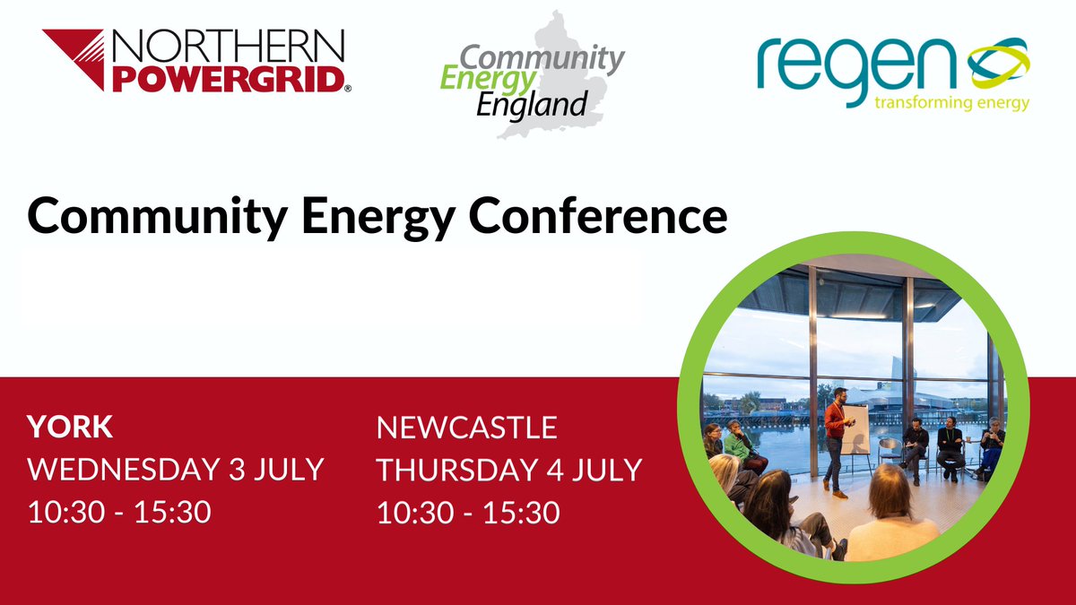 Regen (@regen_insight) on Twitter photo Less than a month to go before <a href="/Northpowergrid/">Northern Powergrid</a>'s regional Community Energy Conference.
Community energy groups can join us to network with likeminded groups and hear from industry experts.
York, 3 July: shorturl.at/iqGJ1
Newcastle, 4 July: shorturl.at/hNQW2 Less than a month to go before <a href="/Northpowergrid/">Northern Powergrid</a>'s regional Community Energy Conference.
Community energy groups can join us to network with likeminded groups and hear from industry experts.
York, 3 July: shorturl.at/iqGJ1
Newcastle, 4 July: shorturl.at/hNQW2