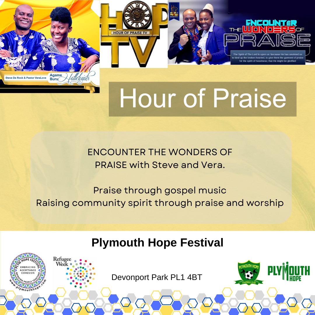 Plymouthhope's tweet photo. Join us this Saturday 15th June at Devonport Park with Hour of Praise  at our Festival and Family Fun Day. Encounter the wonders of praise with Steve and Vera
This event is the official launch of Refugee Week 
#RefugeeWeek #OurHome #LiveMusic https://t.co/mLDSi0Llc9
