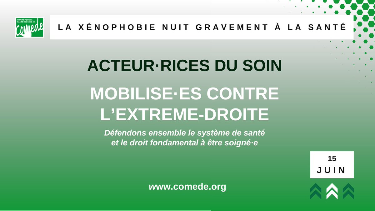 comede_asso's tweet image. 📢🟢#Demain, samedi 15 juin, mobilisons-nous massivement pour défendre le droit fondamental à la santé pour toutes et tous.
➡️Le RN est une #menace aux droits humains.

Les professionnel-les du Comede seront dans les cortèges pour répondre à cet appel collectif 👊❌
