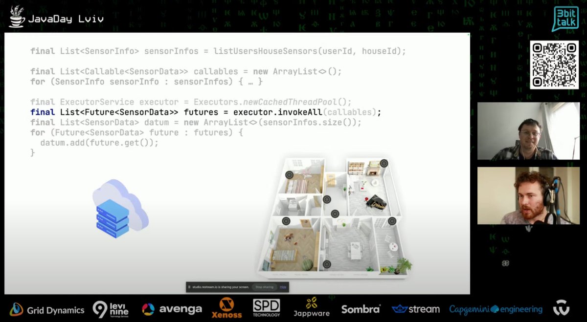 Javadaylviv's tweet photo. @OlehDokuka and @AndriiRodionov are telling us about Project Loom vs Reactive. How do you think it's hostile or friendly towards reactive programming? #javaday #java #conference #onlinetalk #javadaylviv2024 #3bittalk
With @Avenga_Ukraine @GridDynamics @Levi9company https://t.co/sHHlHuy6n7