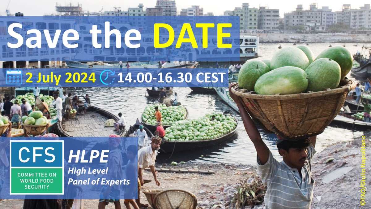 Join us for the launch of the HLPE-FSN report on strengthening urban and peri-urban food systems to achieve food security and nutrition!🏙️

🗓️ 2 July 2024
🕑 14.00-16.30 CEST

Register: fao.zoom.us/webinar/regist…