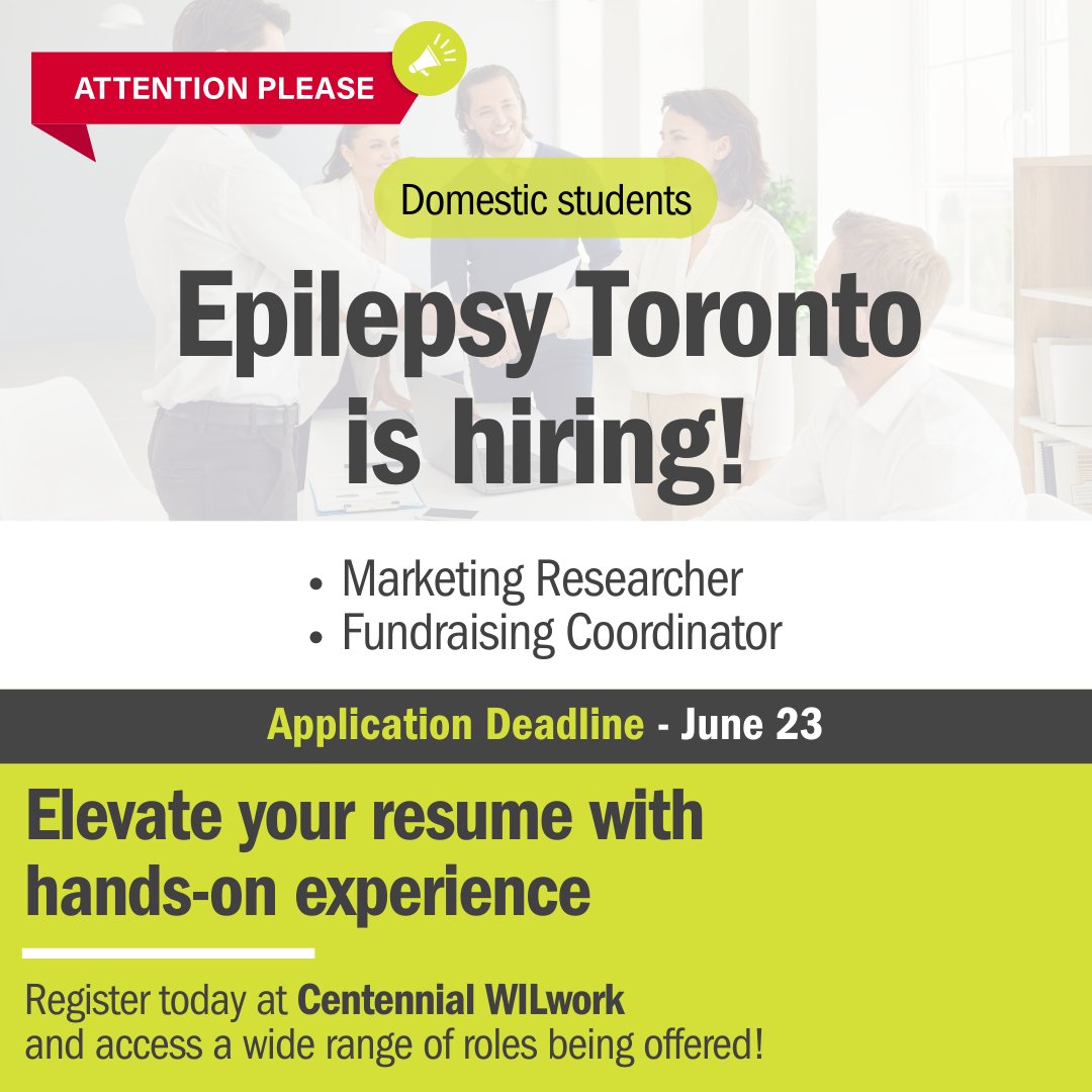 Exciting career opportunities at Anamav Postnatal Care, TO Live, The Neighborhood Organization, and Epilepsy Toronto! Centennial College students, don't miss out on gaining experience and expanding your network. 

Register: bit.ly/3Xo38Kl

#CentennialWILwork