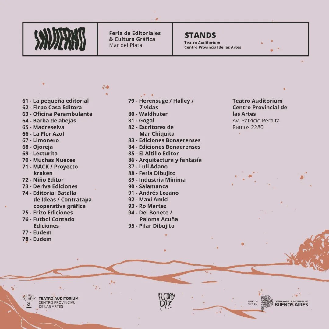 El 22 y 23 de junio llega INVIERNO - Feria de Editoriales y Cultura Gráfica / Mar del Plata 2024.

Lista de stands: