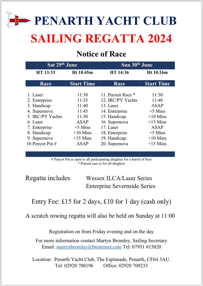 RYACymruWales's tweet photo. Penarth Yacht Club is looking forward to welcoming visitors to its 2024 Sailing Regatta with both dinghy and yacht racing and entry just £15 for two days or £10 for one, join in! 👇 https://t.co/GNPT55Q6Pl