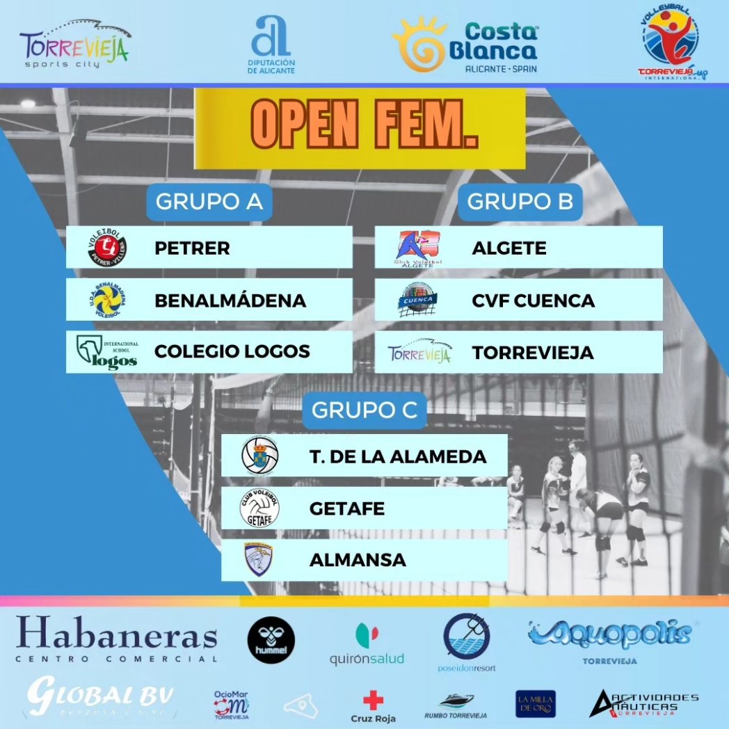 Torrevieja Int. Cup (@torreviejacup) on Twitter photo 🔵 Grupos de la modalidad de Voleibol de la <a href="/TorreviejaCup/">Torrevieja Int. Cup</a>
🏆 Categoría Open Femenino
#TorreviejaIntCup2024 #TIC2024 #TICSemanaSanta2024 #TICVerano2024 #balonmano #futsal #rugby7 #rugbybeach #voleibol #futgirls #futboys #sports #deportebase 🔵 Grupos de la modalidad de Voleibol de la <a href="/TorreviejaCup/">Torrevieja Int. Cup</a>
🏆 Categoría Open Femenino
#TorreviejaIntCup2024 #TIC2024 #TICSemanaSanta2024 #TICVerano2024 #balonmano #futsal #rugby7 #rugbybeach #voleibol #futgirls #futboys #sports #deportebase