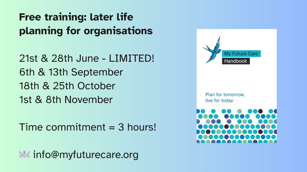 My Future Care (@myfuturecareuk) on Twitter photo FREE TRAINING: In just 3 hours you can upskill your team to support the people they work with to make later life and future care plans, using the My Future Care Handbook as a guide.
Email to book our popular 2-session training (total 3 hours) now 📧 info@myfuturecare.org FREE TRAINING: In just 3 hours you can upskill your team to support the people they work with to make later life and future care plans, using the My Future Care Handbook as a guide.
Email to book our popular 2-session training (total 3 hours) now 📧 info@myfuturecare.org