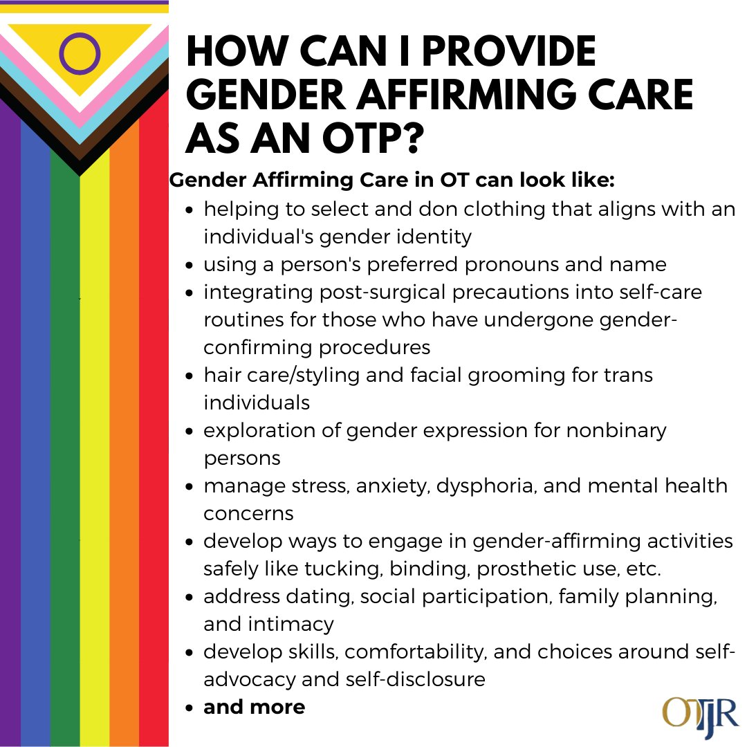 How do you support #genderdiverse clients? #Pride is a good time to talk about it, but the work should be happening 365.
Check out ow.ly/i6Yu50OHV53 &amp; AOTA Policy E-15 for info/resources
#genderaffirmingcare #OT #OTstudent #occupationaltherapy #otp #ota #pridemonth #LGBTQIA