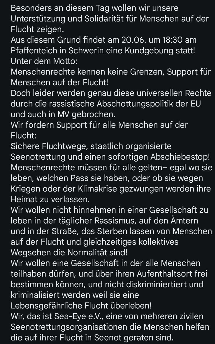 SeaEyeHRO's tweet photo. ‼️ Kundgebung am 20.06. 18:30 in Schwerin ‼️
-Weltgeflüchtetentag-

Flucht ist kein Verbrechen!
Menschen ertrinken lassen schon! https://t.co/ITMFmFZCOO