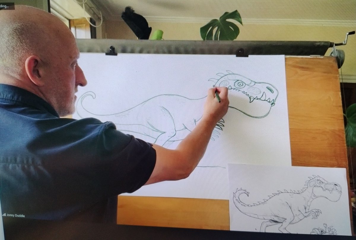 readingzone's tweet photo. We had a brilliant time today on #ReadingZoneLive with @JonnyDuddleDum - creator of #Gigantosaurus - finding out how to draw a dinosaur.
Thank you to all the schools for joining us and for sharing your incredible drawings. https://t.co/9Xolc1yX99