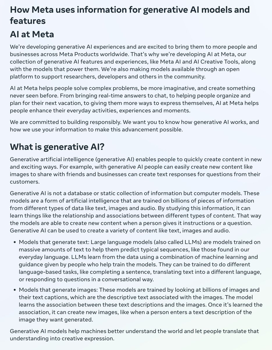 LuizaJarovsky's tweet image. 🚨 [PRIVACY &amp;amp; AI] If you use Meta's products and are worried about your personal data being used to train AI, read this:

➡️ Meta indeed uses posts and pictures to train its AI models. Here are a few quotes from their Generative AI Privacy Policy:

"We use information that is