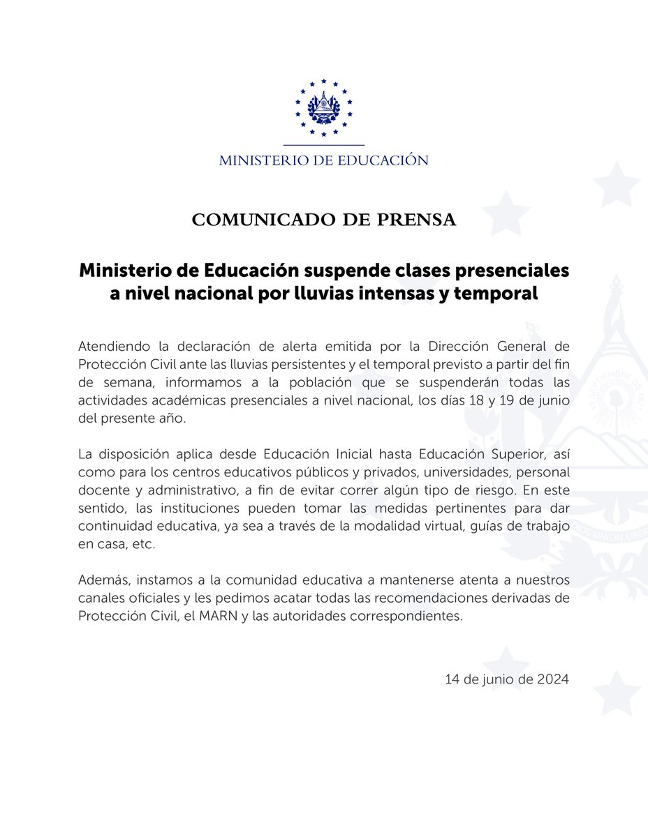 EducacionSV's tweet image. 📢 🌧️ | Informamos a la comunidad educativa que se suspenden las clases presenciales, de manera preventiva, el martes 18 y el miércoles 19 de junio, acatando la alerta emitida por @PROCIVILSV. La medida aplica para todas las instituciones públicas y privadas, universidades,…