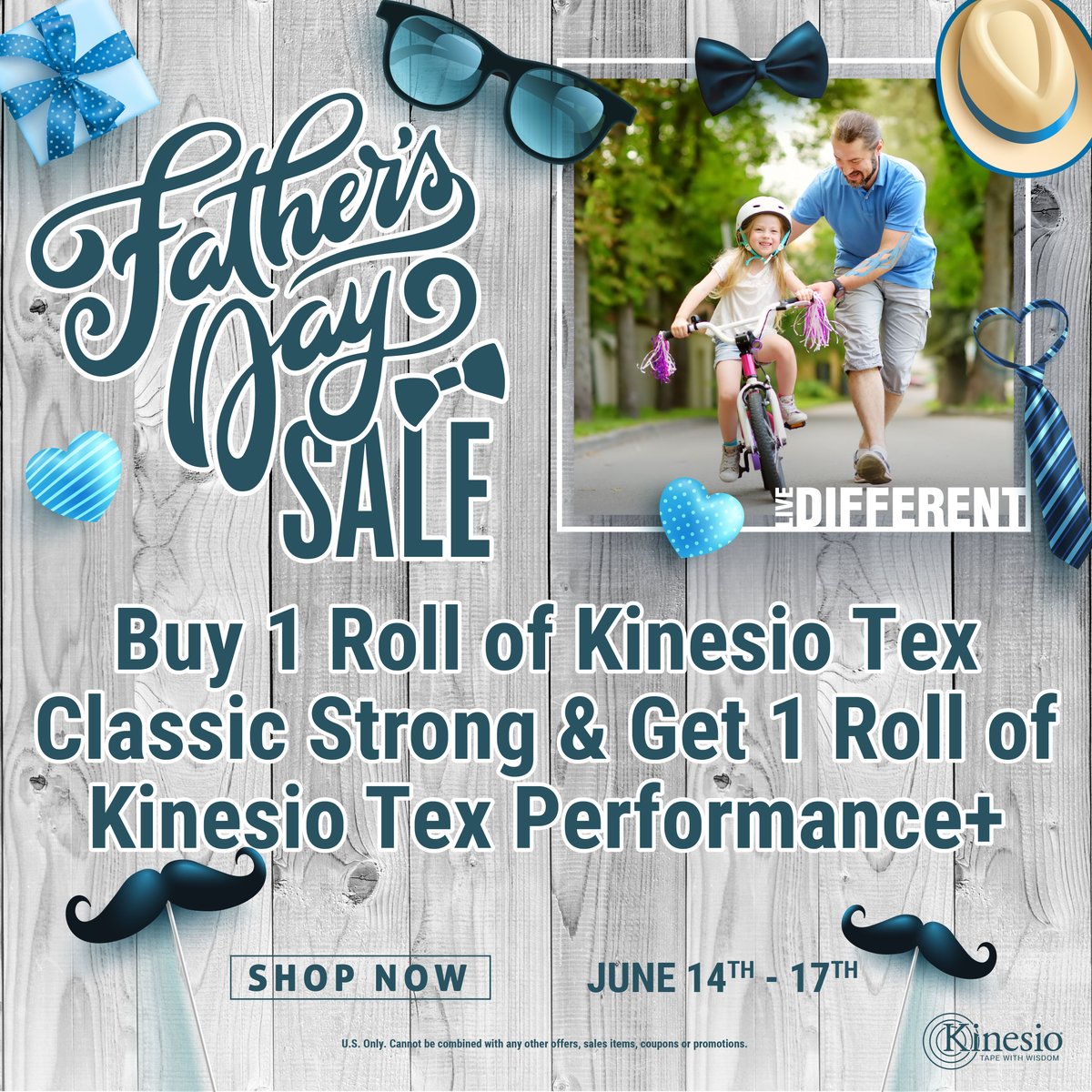 Father's Day Sale! Buy 1 Roll Classic Strong, Get 1 Roll Performance+ with Logo Tape.. KinesioTape.com #fathersday #dadsrock #kinesiotape #kinesiotaping #sale #painrelief #giftideas #deal #free #kinesio #tapewithwisdom #kinesiolivedifferent