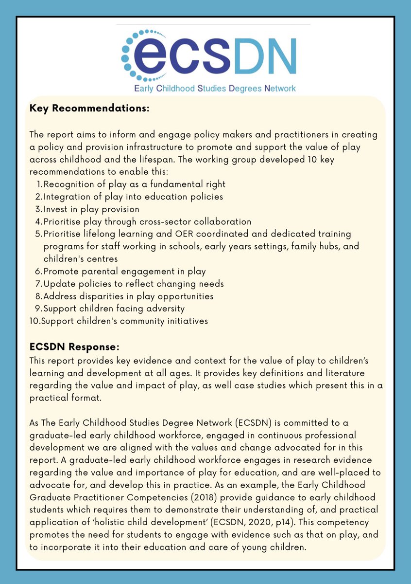 ECSDNetwork's tweet photo. Published today the ECSDN response to the The Power of Play, Building a creative Britain by @ChildrensAlliae written by Dr Juliette Wilson Thomas and others as part of the Policy Lobbying and Advocacy strategy group.

#ECSDN #Play #TeamEC #EarlyYears https://t.co/CI1kUij7s2