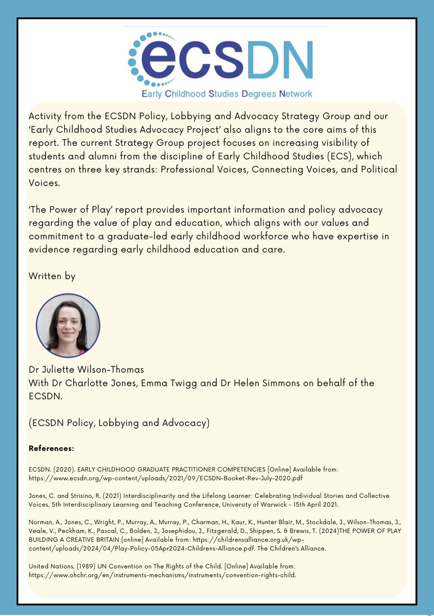 ECSDNetwork's tweet photo. Published today the ECSDN response to the The Power of Play, Building a creative Britain by @ChildrensAlliae written by Dr Juliette Wilson Thomas and others as part of the Policy Lobbying and Advocacy strategy group.

#ECSDN #Play #TeamEC #EarlyYears https://t.co/CI1kUij7s2