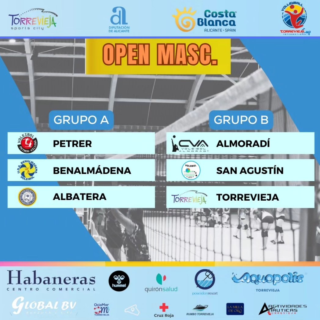 Torrevieja Int. Cup (@torreviejacup) on Twitter photo 🔵 Grupos de la modalidad de Voleibol de la <a href="/TorreviejaCup/">Torrevieja Int. Cup</a>
🏆 Categoría Open Masculino
#TorreviejaIntCup2024 #TIC2024 #TICSemanaSanta2024 #TICVerano2024 #balonmano #futsal #rugby7 #rugbybeach #voleibol #futgirls #futboys #sports #deportebase 🔵 Grupos de la modalidad de Voleibol de la <a href="/TorreviejaCup/">Torrevieja Int. Cup</a>
🏆 Categoría Open Masculino
#TorreviejaIntCup2024 #TIC2024 #TICSemanaSanta2024 #TICVerano2024 #balonmano #futsal #rugby7 #rugbybeach #voleibol #futgirls #futboys #sports #deportebase