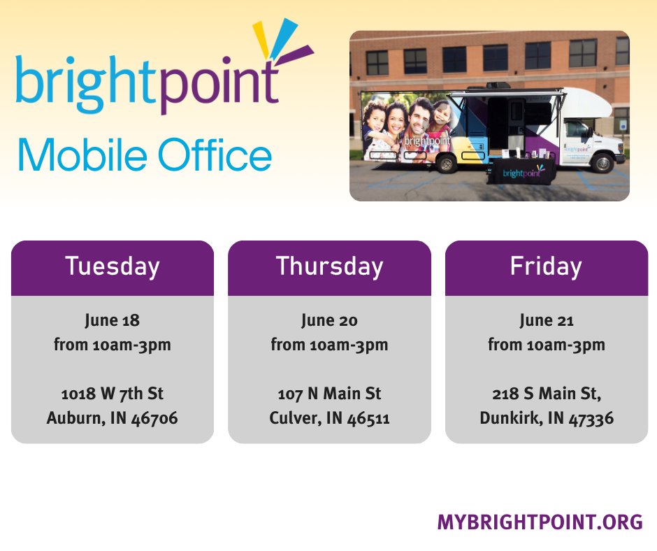 Our mobile office will be in Auburn, Culver, and Dunkirk this week. Visit us to receive assistance with program applications, scheduling appointments, and more!