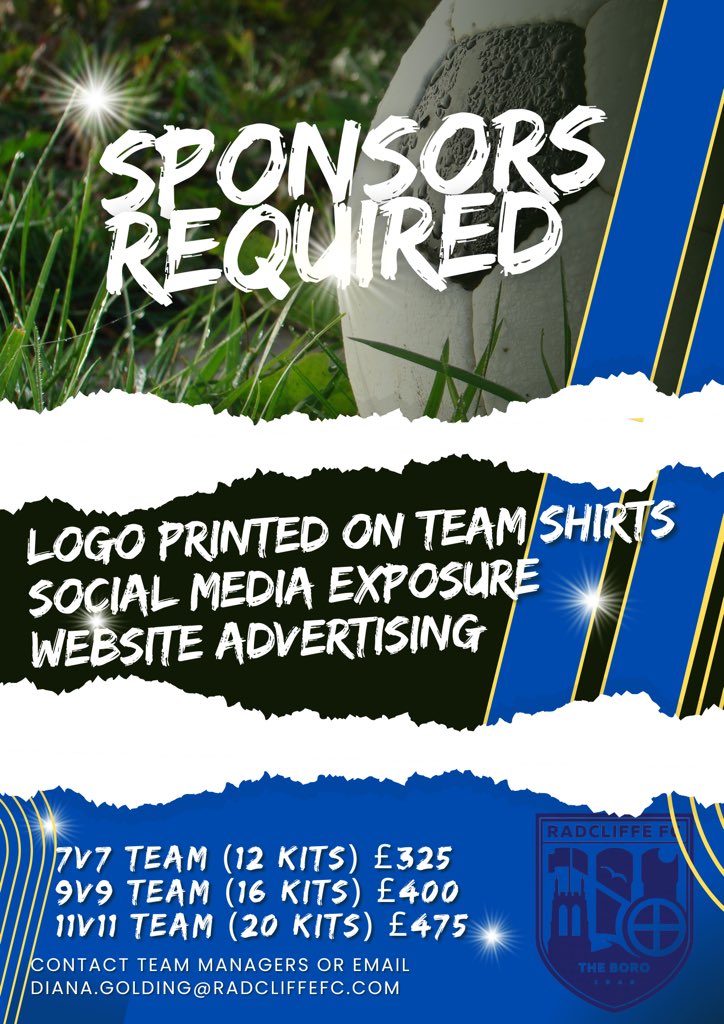 Due to an increase in new teams for the 24/25 season we are on the look out for more sponsors. If you want to support our ever developing club. Please get in touch ⬇️💛💙⚽️