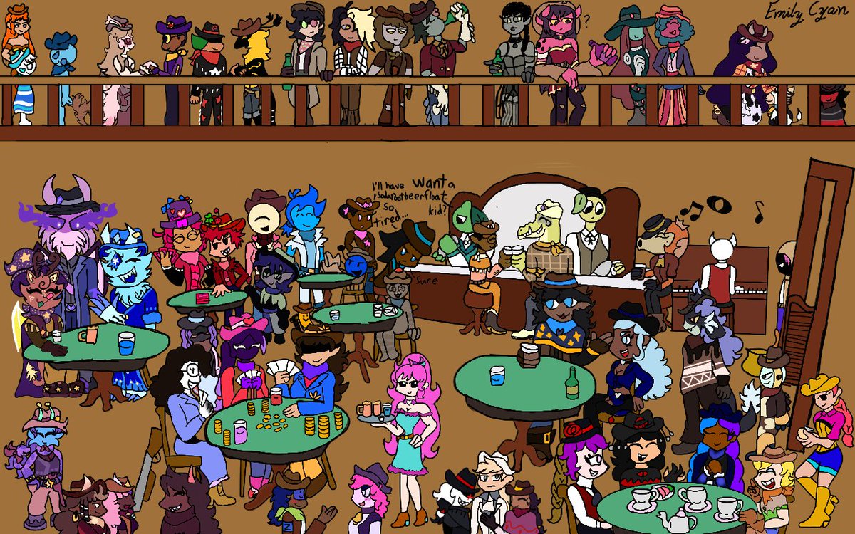 EmilyCyan2's tweet photo. Howdy partners and @CesarFever_ I drew this art for the cowboy event where everyone is hanging out in a saloon. It took a while to do it but I was able to pull it off. https://t.co/4KNwPIulHq