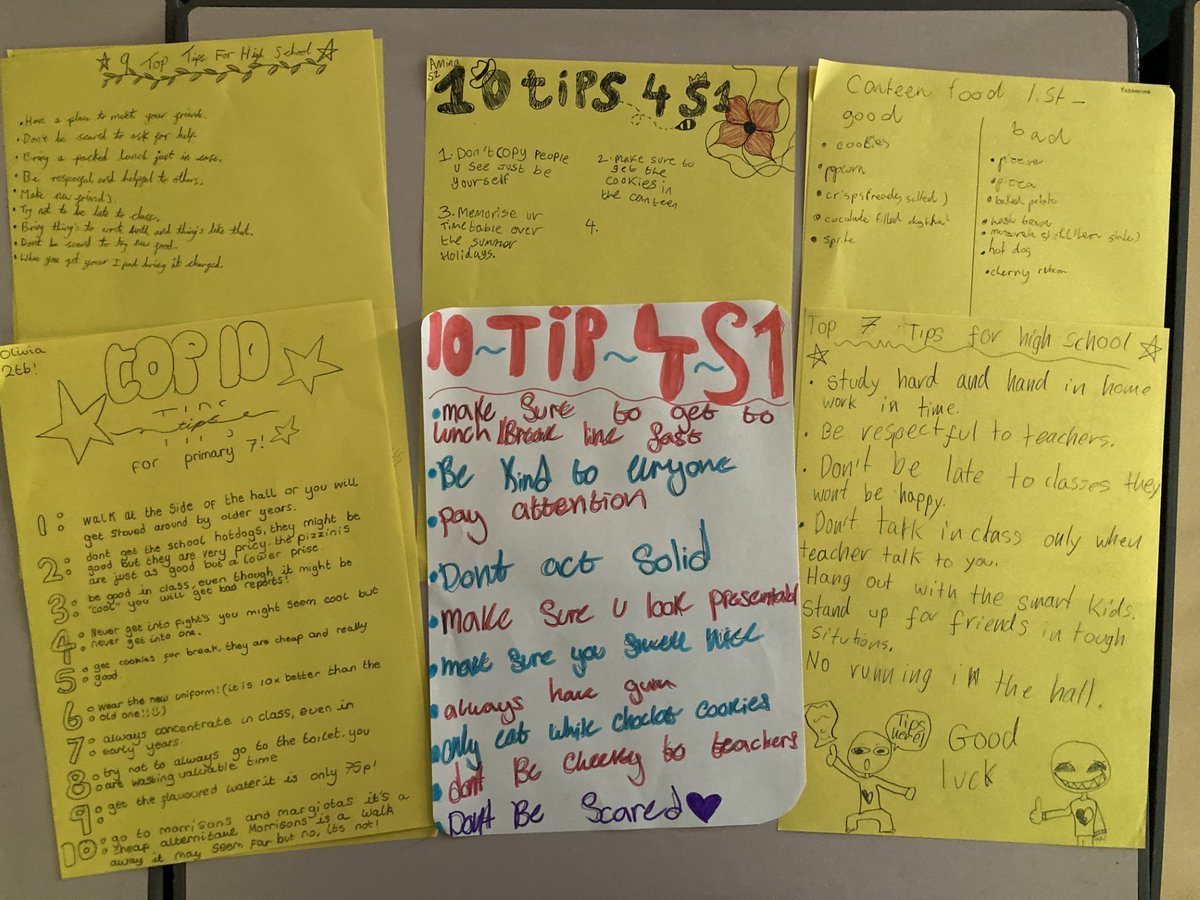 MFLMusings's tweet photo. Technology didn't go to plan with the PSE class I was covering yesterday, so instead pupils compiled their top tips for the P7s who are visiting next week. Some great advice from our new S2s, including 'be kind to everyone', 'be yourself' and 'don't be afraid to ask for help' 🌟 https://t.co/4qXzrcs51k