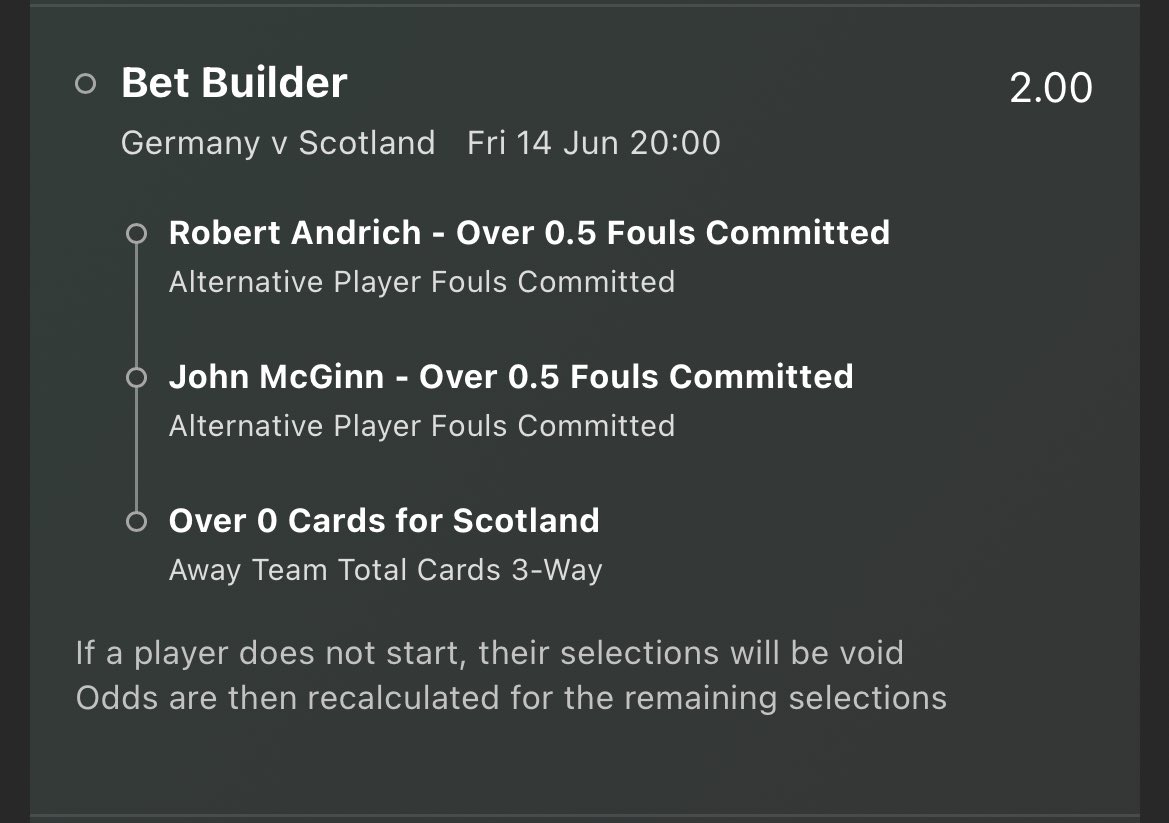 SBFootballTips's tweet image. 📝 Germany Vs Scotland Euro Bet Builder 

Andrich Foul in 8/9 last games with 3 and 2 in the last 2 friendly games 
Mcginn foul in 9/10 Last competitive games for Scotland 
Scotland card in 9/10 competitive games 

📚Bet365 
⚽️2.00 odds (£10 on gives you £10 Bet Credits)