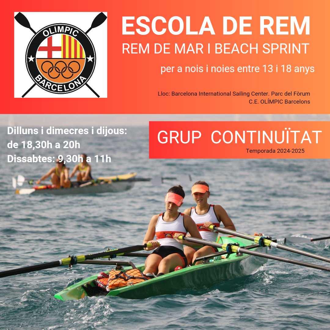 ESCOLA ESPORTIVA DE REM DE MAR
🟠 Per a nois i noies entre 13 i 18 anys
🟠 Temporada 2024-2025
🟠 Demana informació per DM
#olimpicBCN🧡 #rem #rowing #remdemar #coastalrowingBCN #remodemar #esforç #constància #equip #remCAT #orangepower🔥 #beachsprints #barcelona #parcfòrum