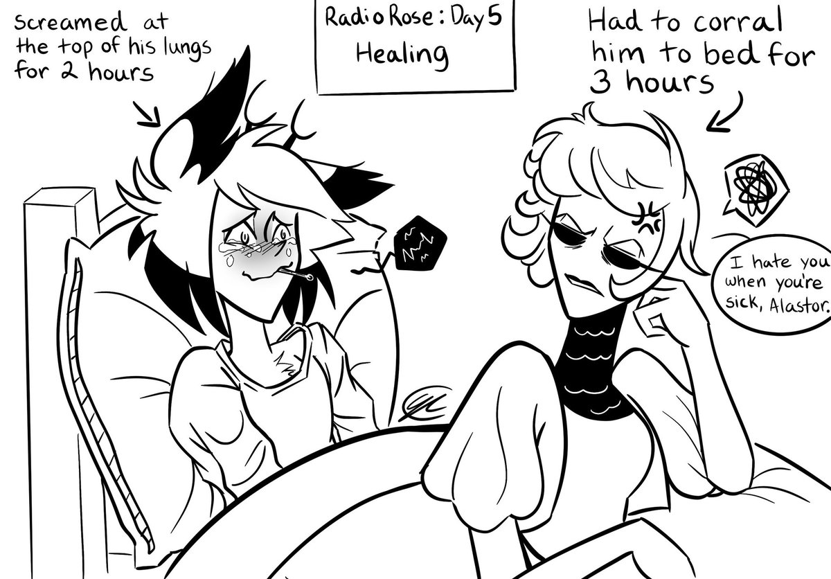 #radioroseweek Day 5: Healing!
He's sick, and she's sick of his shit 😭 #HazbinHotelFanart #hazbinhotelart #hazbinhotel #HazbinHotelAlastor #HazbinHotelRosie #Alastor #Rosie #radiorose #DigitalArtist #fanart #fanartist #DigitalArt #art