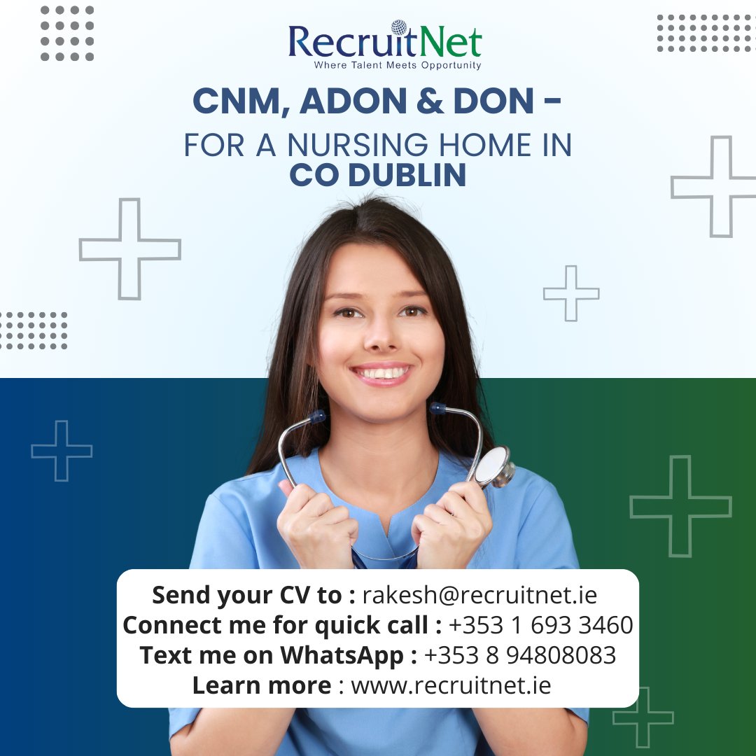 RecruitNetJobs's tweet photo. Hiring CNM - ADON - DON for our leading Nursing Home clients in Co Dublin !! 👩🏥

Join our client's team and make a difference in the lives of their patients.

#ADON #DON #CNM #healthcare #leadership #dublin #nursingjobs #healthcarejobs #JoinOurTeam #PatientCare https://t.co/BTmcP4U2Kt