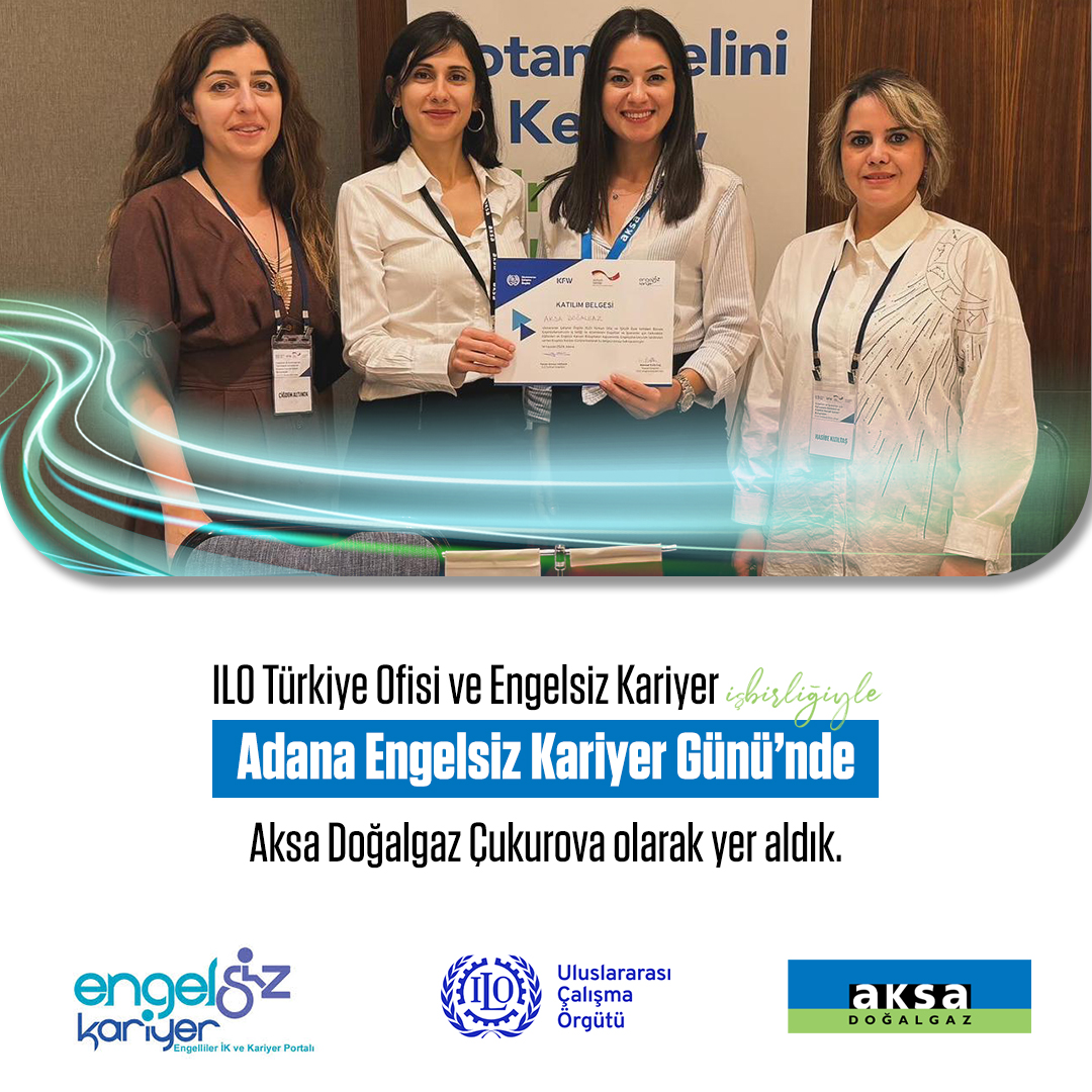 ILO Türkiye Ofisi ve Engelsiz Kariyer işbirliğiyle Adana Engelsiz Kariyer Günü'nde Aksa Doğalgaz Çukurova olarak yer aldık. 

#Aksadoğalgaz #aksadoğalgazçukurova #engelsizkariyer #doğalolarakaksa