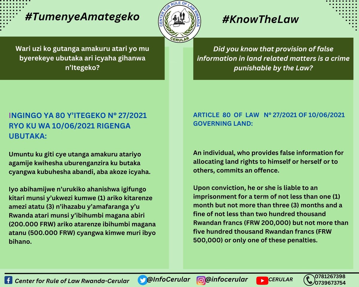 🇷🇼 Waruzi ko gutanga amakuru atari yo mu byerekeye ubutaka ari icyaha gihanwa n’Itegeko?
___________

🏴󠁧󠁢󠁥󠁮󠁧󠁿 Did you know that provision of false information in land related matters is a crime punishable by the Law?

<a href="/infocerular/">Cerular</a> <a href="/RwandaParliamnt/">Rwanda Parliament</a> <a href="/Rwanda_Justice/">Ministry of Justice</a>