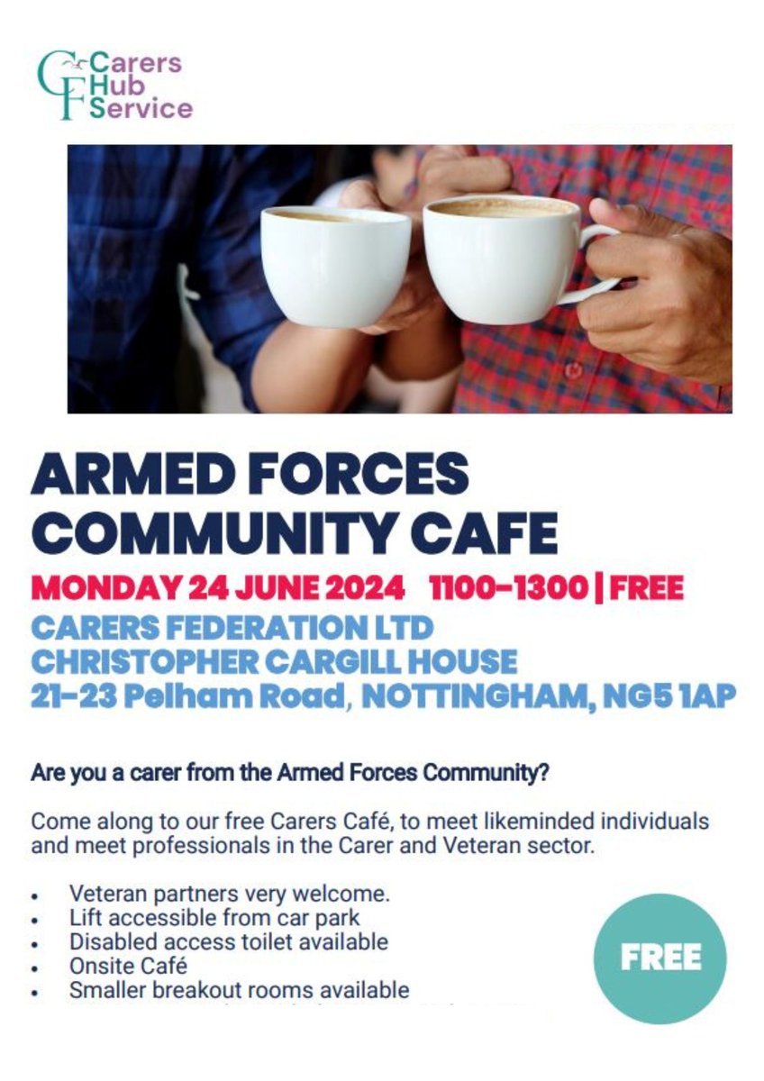 Carers Federation (@carersfednews) on Twitter photo Are you a carer from the Armed Forces Community? if so, we would like to invite you to our first Armed Forces Community Carers CafΓ©.
If you would like to join us or like more info, please e-mail carershubinfo@carersfederation.co.uk or call 0808 802 1777.
#veterans #carers Are you a carer from the Armed Forces Community? if so, we would like to invite you to our first Armed Forces Community Carers CafΓ©.
If you would like to join us or like more info, please e-mail carershubinfo@carersfederation.co.uk or call 0808 802 1777.
#veterans #carers