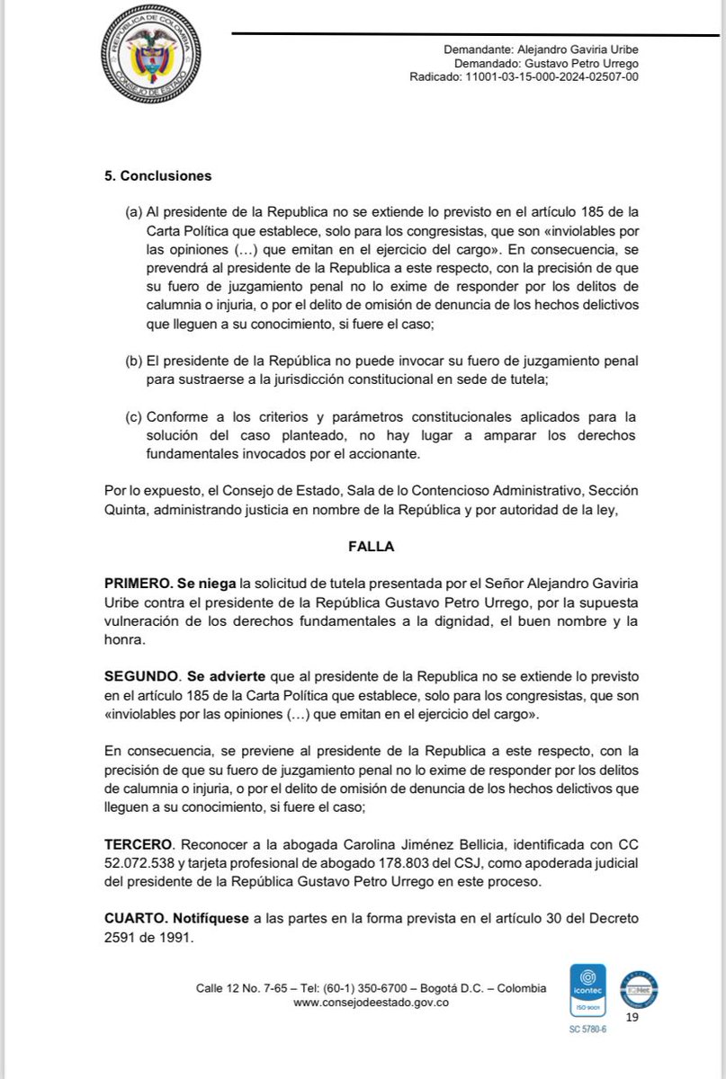 lafm's tweet photo. #Atención | El Consejo de Estado explicó que el presidente Gustavo Petro sí puede ser investigado y juzgado si incurre en el delito de injuria y calumnia, puesto que el fuero constitucional no lo exime de responsabilidad penal. https://t.co/qJoYA1IZos
