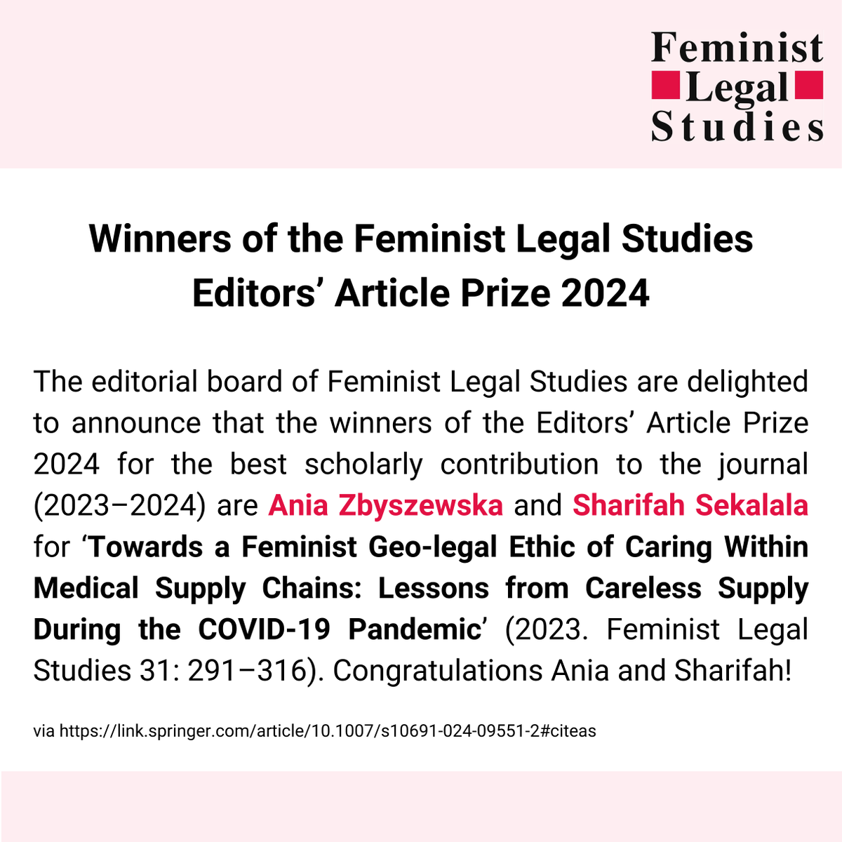 There is No App for This! (@healthappdata) on Twitter photo Congratulation <a href="/sharifasekalala/">Sharifah Sekalala</a> and Ania Zbyszewska on winning the Editors’ Article Prize 2024 for the best scholarly contribution to the <a href="/FLS_journal/">Feminist Legal Studies</a> (2023–2024) 🎉 👏
Read their exciting contribution via ncbi.nlm.nih.gov/pmc/articles/P…
<a href="/Warwick_Law/">Warwick Law School</a> <a href="/GHLConsortium/">Global Health Law Consortium</a> <a href="/SpringerLaw/">SpringerLaw</a> Congratulation <a href="/sharifasekalala/">Sharifah Sekalala</a> and Ania Zbyszewska on winning the Editors’ Article Prize 2024 for the best scholarly contribution to the <a href="/FLS_journal/">Feminist Legal Studies</a> (2023–2024) 🎉 👏
Read their exciting contribution via ncbi.nlm.nih.gov/pmc/articles/P…
<a href="/Warwick_Law/">Warwick Law School</a> <a href="/GHLConsortium/">Global Health Law Consortium</a> <a href="/SpringerLaw/">SpringerLaw</a>