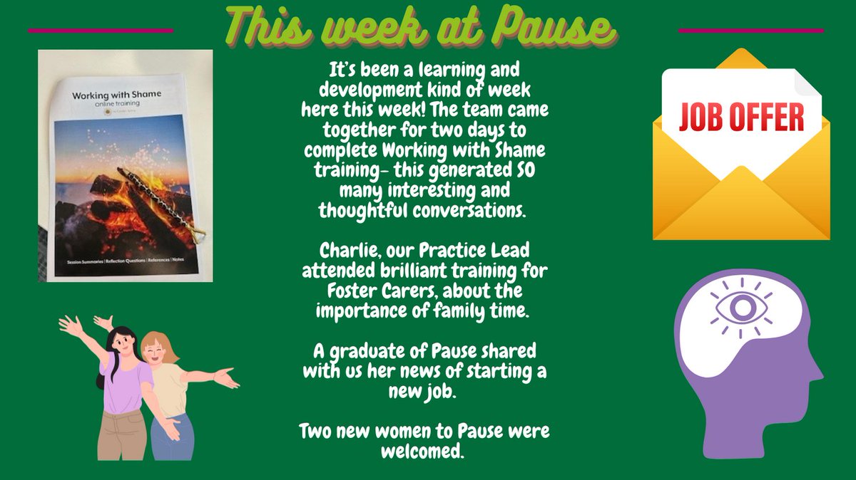 Lots of learning and development this week here at Pause Wiltshire! Excellent Working with Shame Training which generated lots of meaningful conversations. We heard fab news from a Pause Graduate, who is starting a new job. AND we welcomed two new women to Pause! #wearewilts