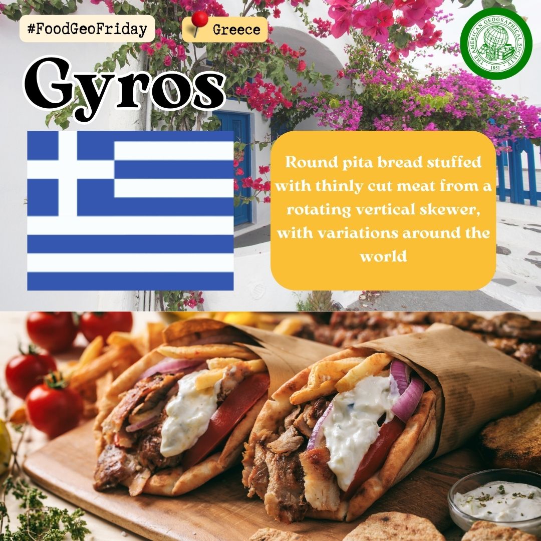 AmericanGeo's tweet photo. #FoodGeoFriday Gyros 🇬🇷
This widespread Greek dish typically includes tomato, onion, fried potatoes, tzatziki, and vertically-cooked meat wrapped in pita bread. Originating in the Ottoman Empire, this method of cooking meat has been spread around the world by immigrants 🌍 https://t.co/ajP7kMUpAx