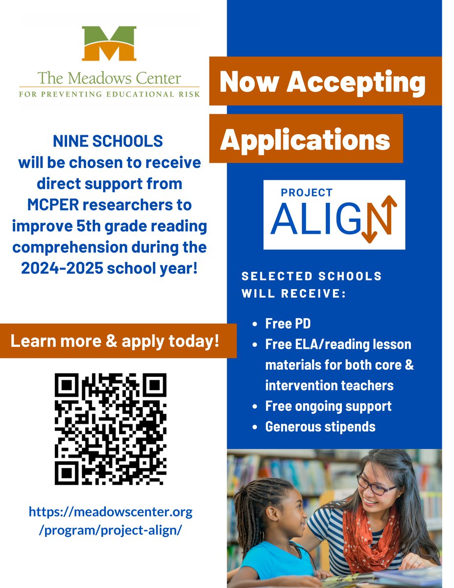 Now accepting applications from TX schools that contain 5th grade and would like a year of free support from MCPER researchers to improve reading comp!  Deadline to apply is Friday, July 12. Application takes 5 mins to complete.  Learn more and apply here: meadowscenter.org/program/projec…