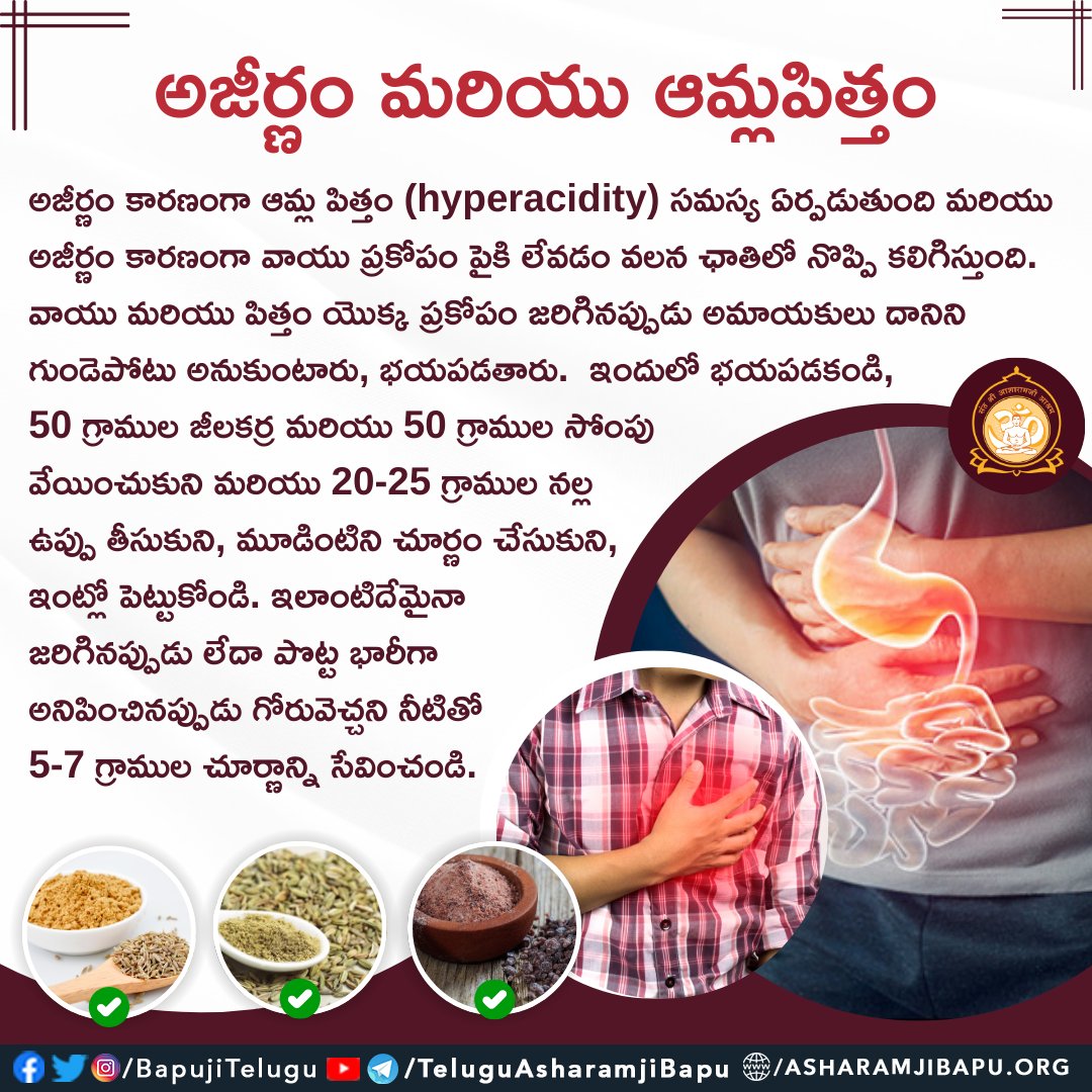 BapujiTelugu's tweet photo. అజీర్ణం మరియు ఆమ్లపిత్తం :
#santshriasharamjibapu #santshriasharamjiashram #asharamjibapuquotes #teluguquotes #indigestion #hyperacidity https://t.co/OM7lnATFOw