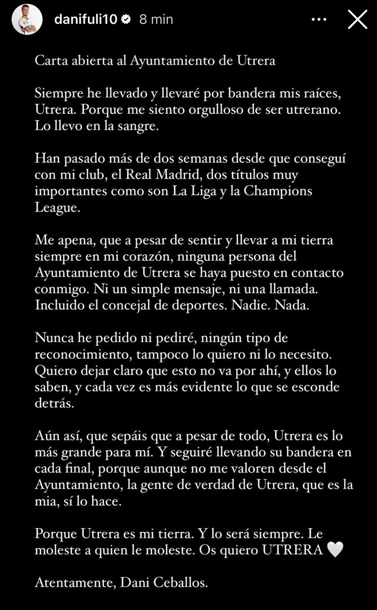 GonzaloTortosa's tweet image. ✉️Carta de Dani Ceballos al Ayto de Utrera:

“Han pasado más de 2 semanas desde conseguí con el Real Madrid La Liga y la Champions League.

“Me apena que a pesar de llevar mi tierra siempre en mi corazón, ninguna persona del Ayuntamiento se haya puesto en contacto conmigo.”