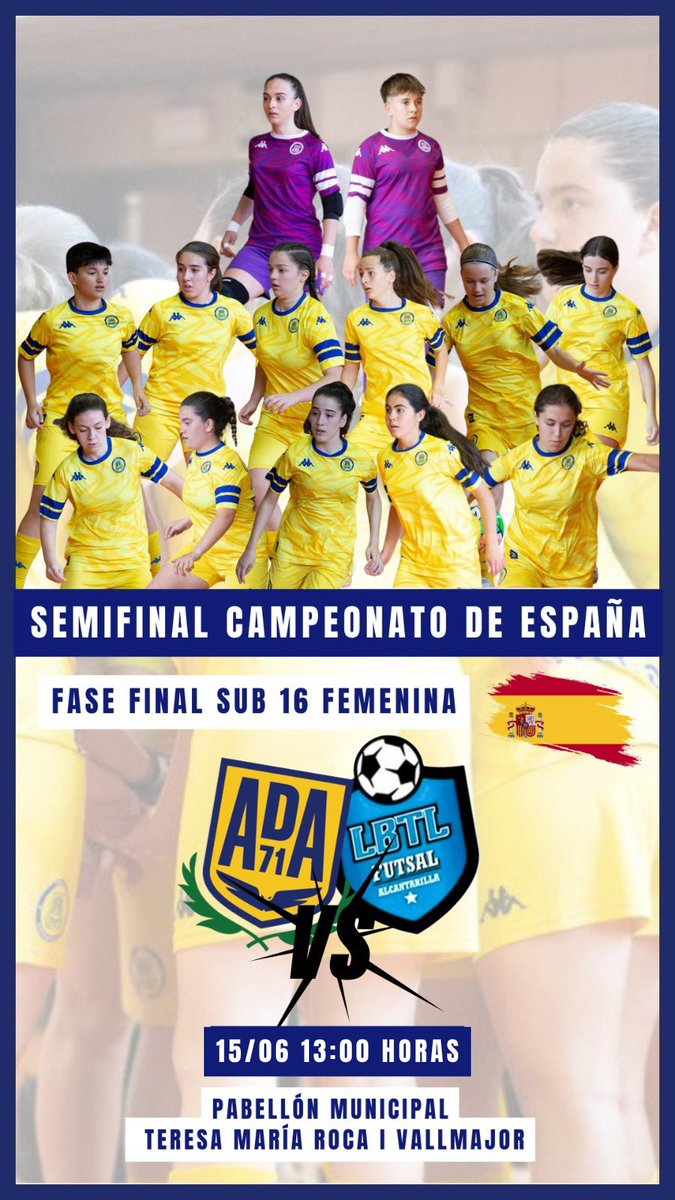 CAMPEONATOS DE ESPAÑA 🇪🇸 |

FASE FINAL 🏆

Nuestros equipos ya están listos para competir mañana a las 13:00 sus semifinales del Campeonato de España de Clubes. 

Os deseamos mucha suerte. Estamos con vosotras💛💪🏼 

Enlace sub 16: youtube.com/live/vUi1caP5p…