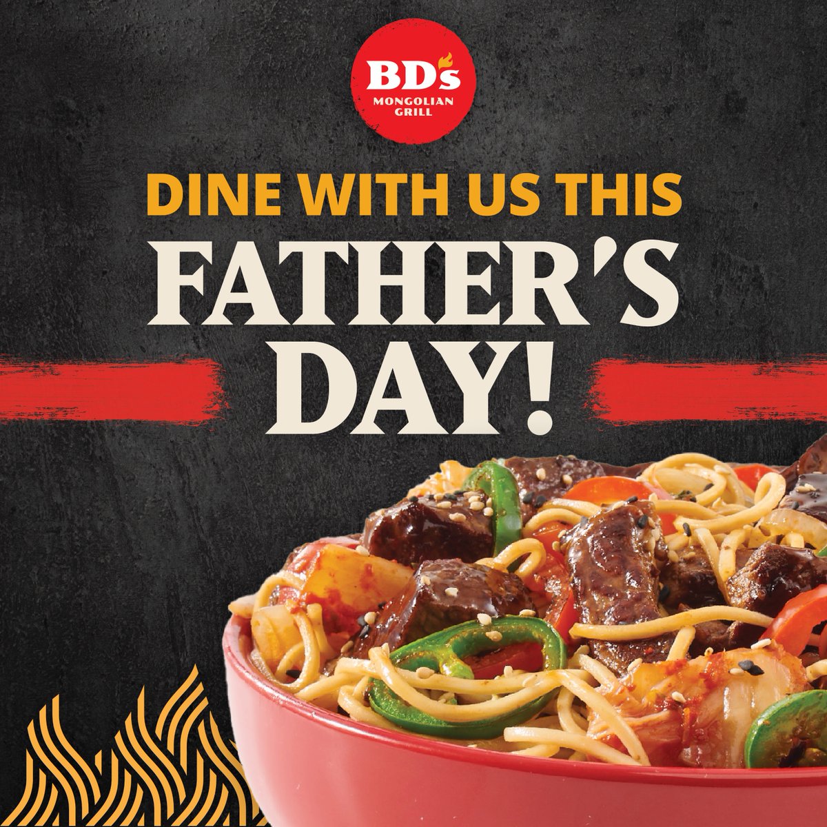 Gather 'round the grill this Father's Day! 🍴👨‍👧‍👦 Treat Dad to a sizzling feast at BD's Mongolian Grill. Bring the whole family for a flavorful celebration! 
#bdsmongolian #bdsmongoliangrill