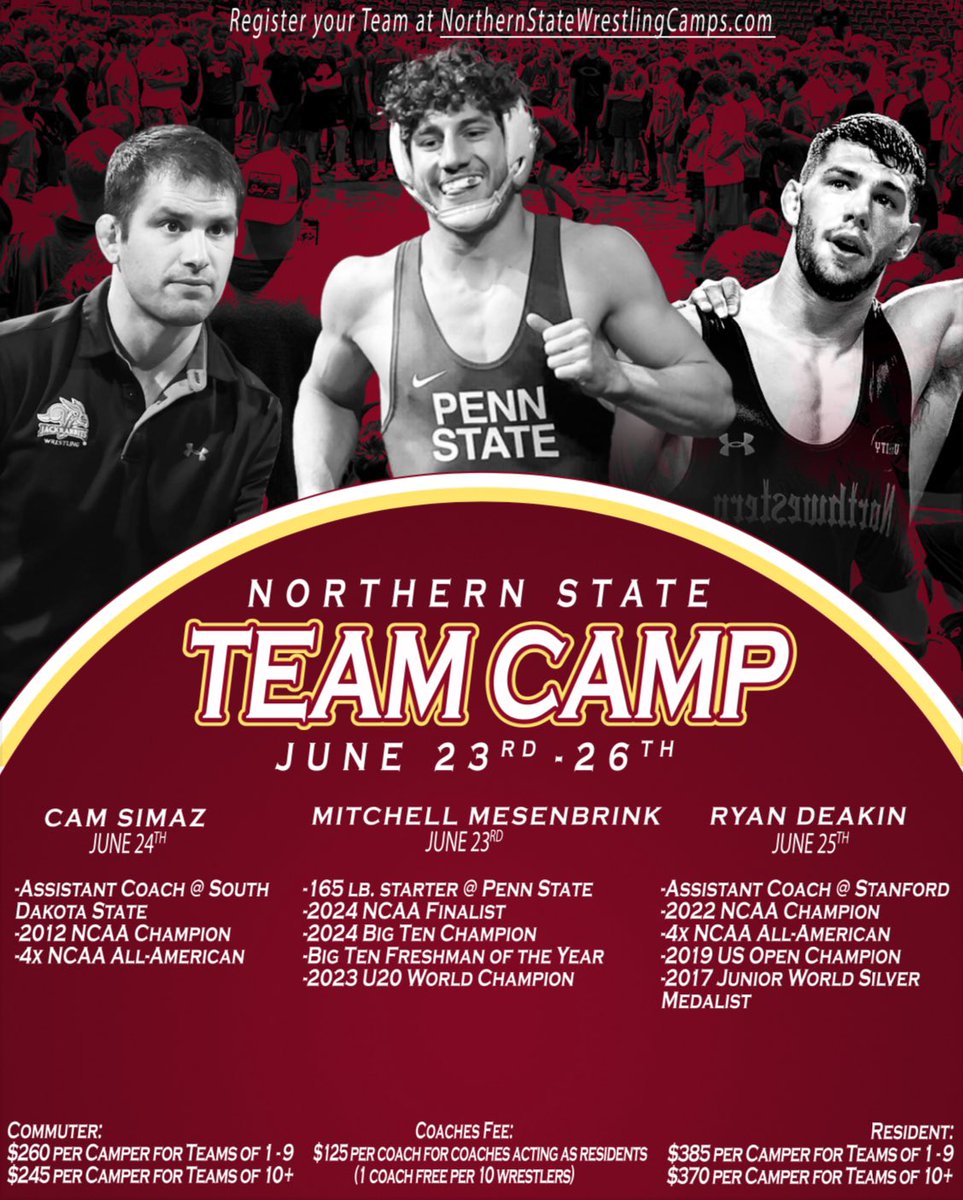 Camp is around the corner and we have limited spots available❗️

• 300+ campers from 6+ states 
• 10+ matches (duals + tournament)
• 10+ hours of technique
• college wrestler interaction
• Q &amp; A w/college coaches

Register by Sunday night at northernstatewrestlingcamps.com