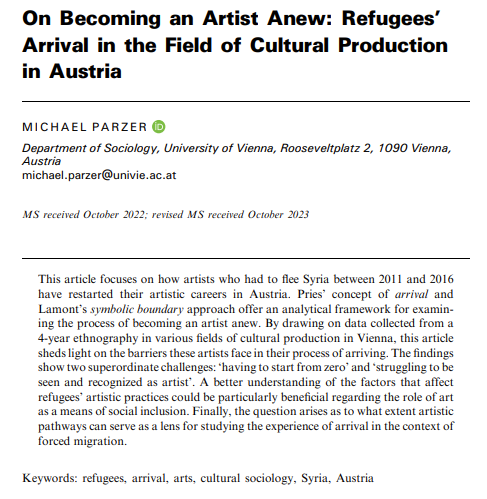 📖Sharing my article published last year in the Journal <a href="/JRefugeeStudies/">Journal of Refugee Studies</a>! Learn about how Syrian artists rebuild their careers in Austria, facing challenges of starting anew and gaining recognition. Read the full article here:
🔗doi.org/10.1093/jrs/fe…