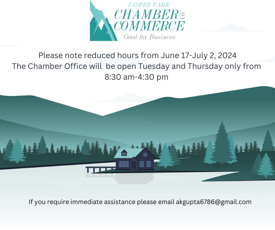 Please note that the Chamber Office will be open Tuesday and Thursday only for the next 2 weeks. If you require immediate assistance, please email Aman Gupta (Secretary-Treasurer JPCC Board) at akgupta6786@gmail.com