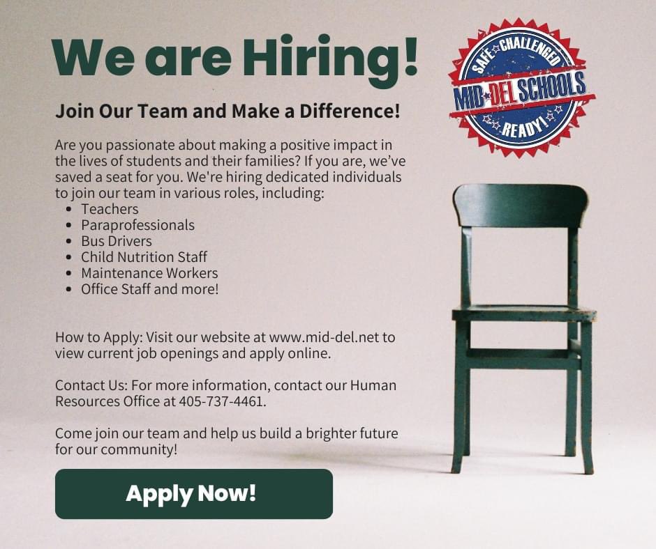 PrincipalHuston's tweet photo. @DrBradJohnson Mid-Del Schools in central Oklahoma is hiring for a variety of positions! 

https://t.co/umLQMd8Noi https://t.co/BPQt1Oeaw3