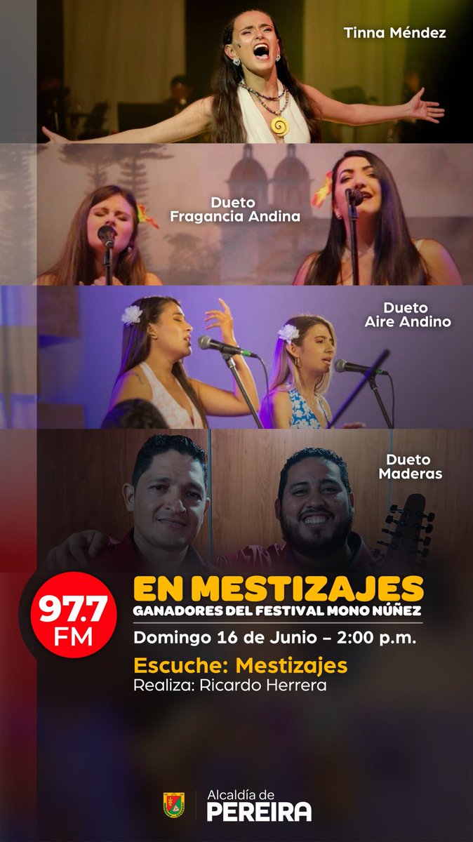 Buena música con TINNA MÉNDEZ, DUETO FRAGANCIA ANDINA, DUETO MADERAS, DUETO AIRE ANDINO este domingo en #mestizajes a través de la Emisora Cultural de Pereira 97.7FM - 2:00pm.  <a href="/EmisCulturalRAC/">Emisora Cultural RAC</a>. Sintoniza por emisoraculturaldepereira.com
#RadioCultural #SeCantanBambucos #SeTocaTiple