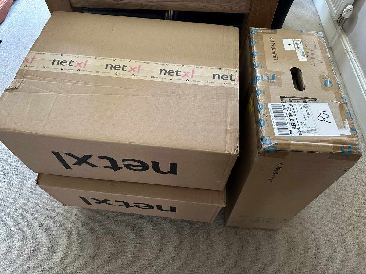mattlintott's tweet photo. Always exciting getting a @NetXL_dot_com delivery. Another of the mini racks for two #UDMSE in shadow mode, plus finally got myself the Swiss Army knife to play with 👌 @Ubiquiti #U7Pro https://t.co/Tct7rdAyHQ