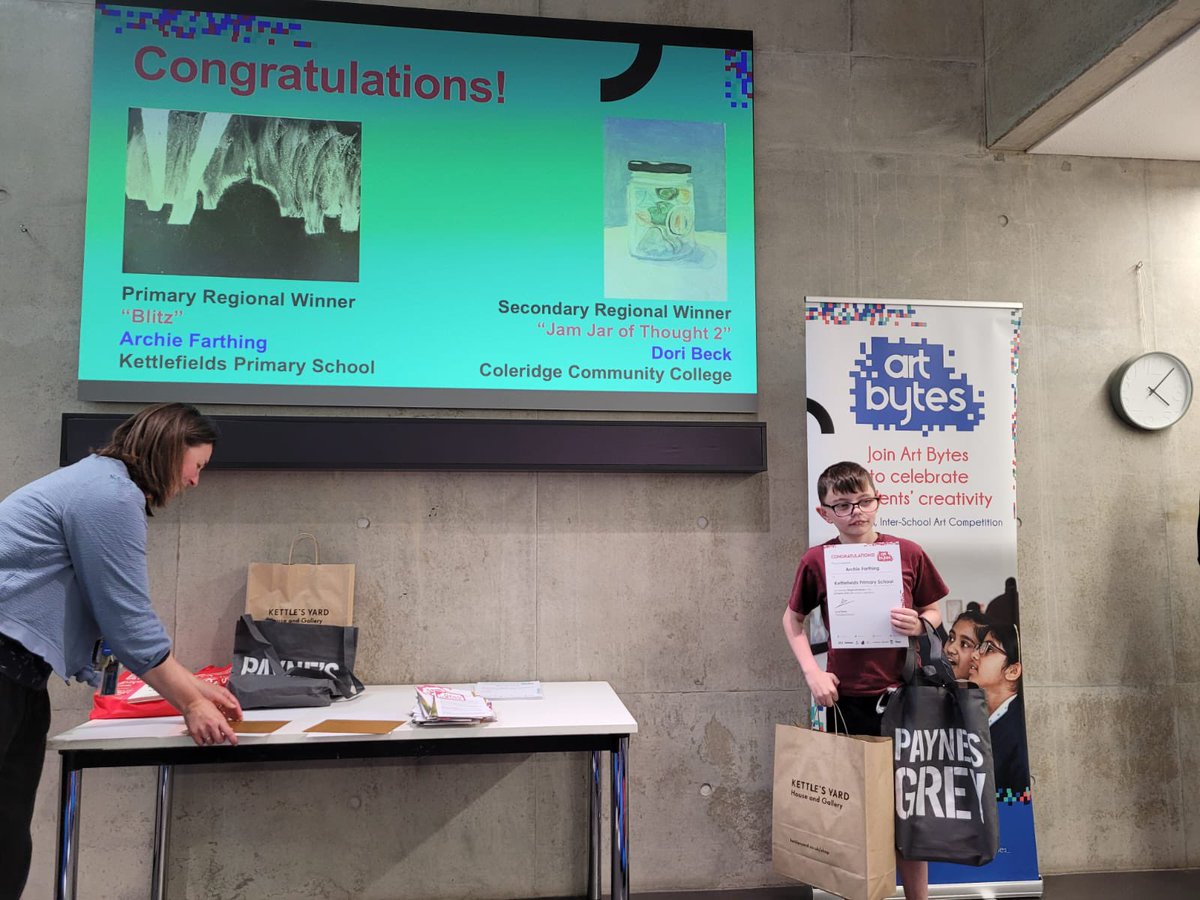 kettlefields's tweet image. Our very own Archie was regional winner of the #artbytes competition for his piece ‘Blitz’. He went to @kettlesyard  to receive his prize. @ArtBytes_
