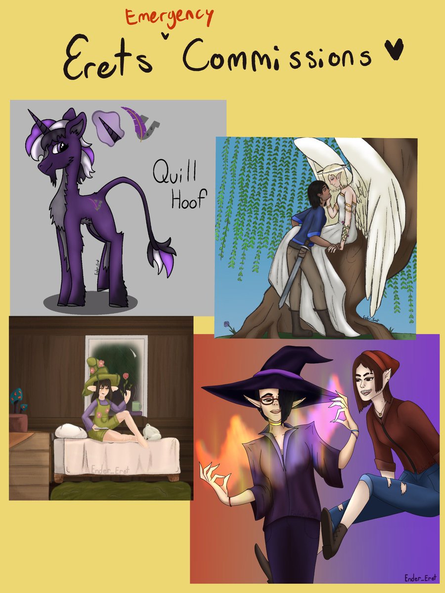 Ender_Eret's tweet image. Emergency comms! Student loans are rough 😭
If you're interested DM me here or on Discord- ender_eret
NO NSFW, gore is open for discussion.
I'm able to draw humans, furries, and animals. I WILL do fanart or OCs- refs needed.
RTs appreciated!
Venmo/Paypal only! (sorry)