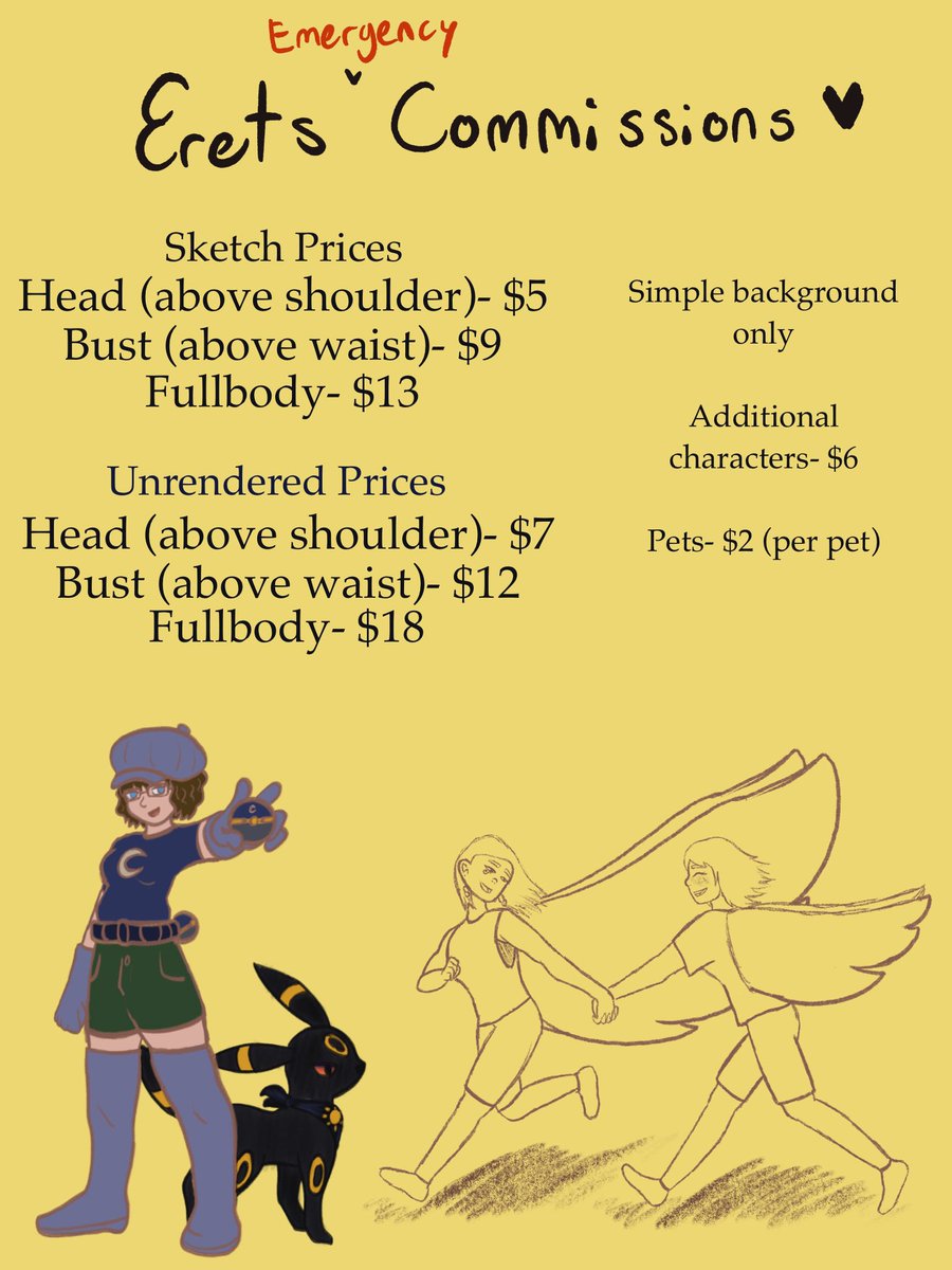 Ender_Eret's tweet image. Emergency comms! Student loans are rough 😭
If you're interested DM me here or on Discord- ender_eret
NO NSFW, gore is open for discussion.
I'm able to draw humans, furries, and animals. I WILL do fanart or OCs- refs needed.
RTs appreciated!
Venmo/Paypal only! (sorry)